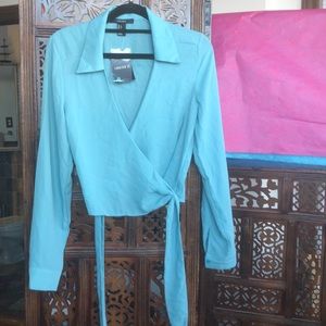Forever 21 aqua wrap front collared v neck blouse
